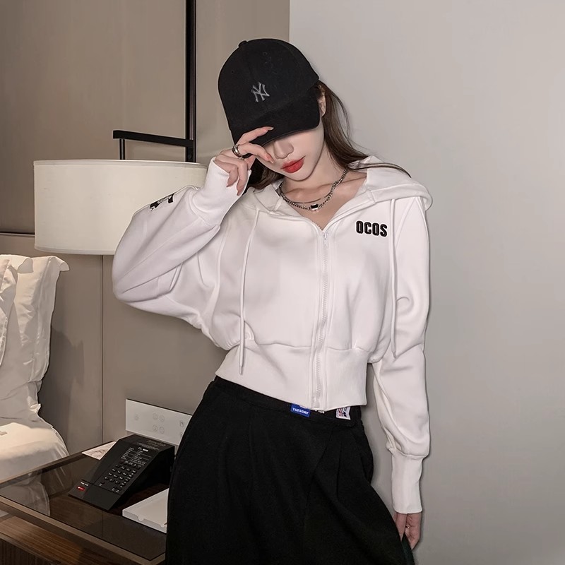 Autumn and winter short letter embroidered jacket versatile hooded sweatshirt for women