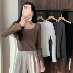 Actual shot of ammonia velvet brushed long-sleeved T-shirt for women with square collar, collarbone, high waist, short bottoming shirt
