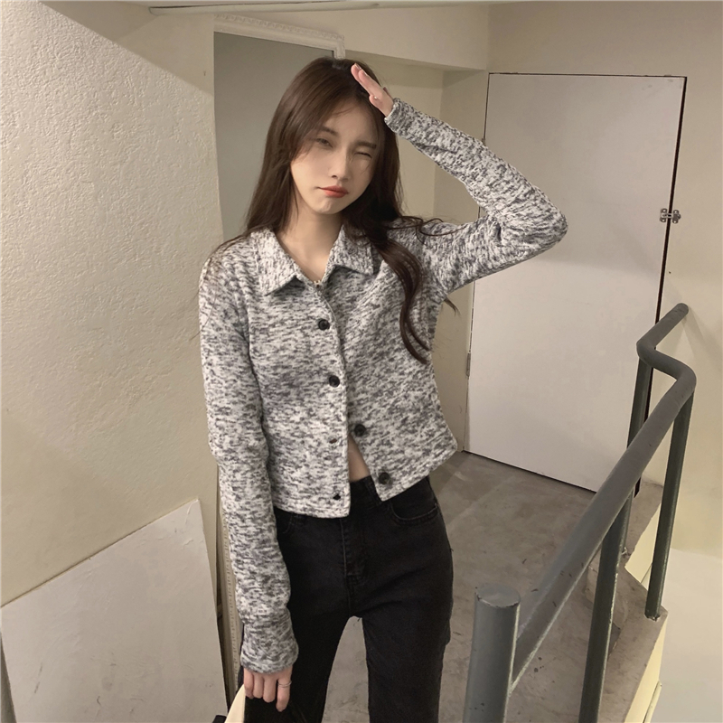 實拍！美式辣妹短款修身顯瘦上衣女氣質混色針織開衫長袖外套