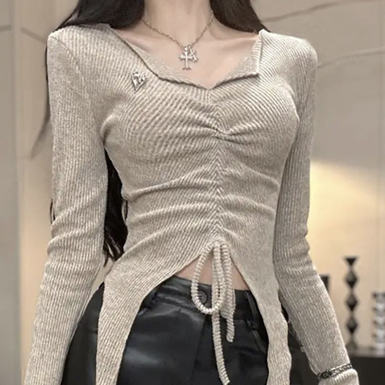 美式甜辣妹穿搭y2k短款長袖T恤女秋季設計感小眾正肩上衣打底衫