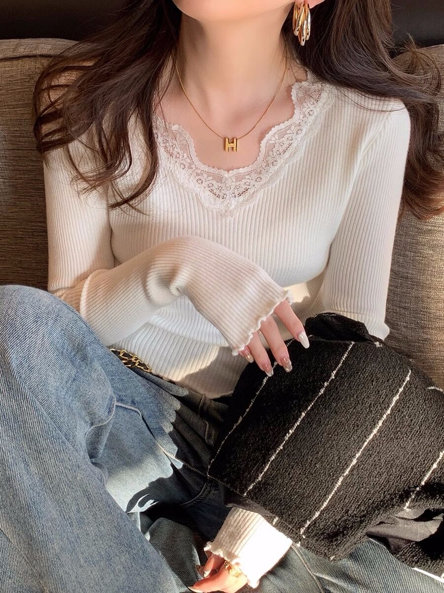 打底衫2023秋冬女新款內搭高級感v領針織衫黑色毛衣洋氣修身上衣