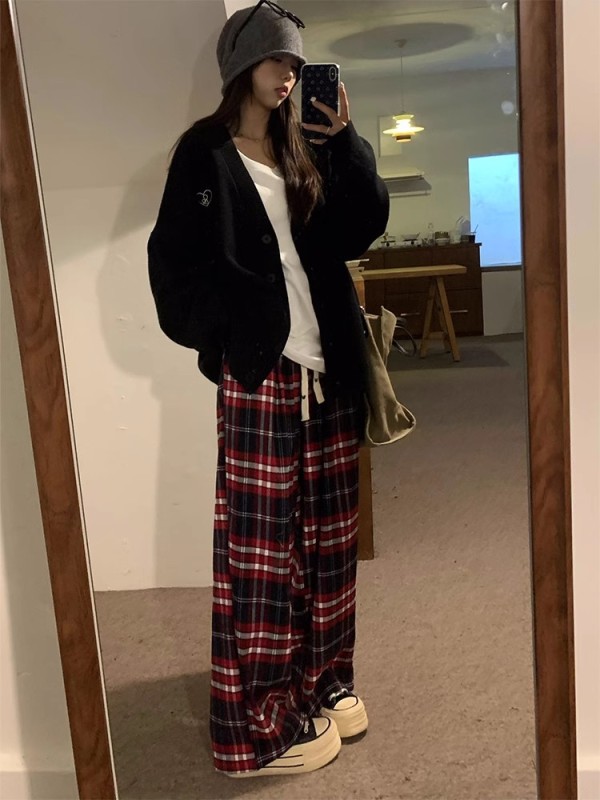 官圖 原版加厚格 抽繩格子休閒褲女復古垂感寬鬆高腰直筒闊腿褲