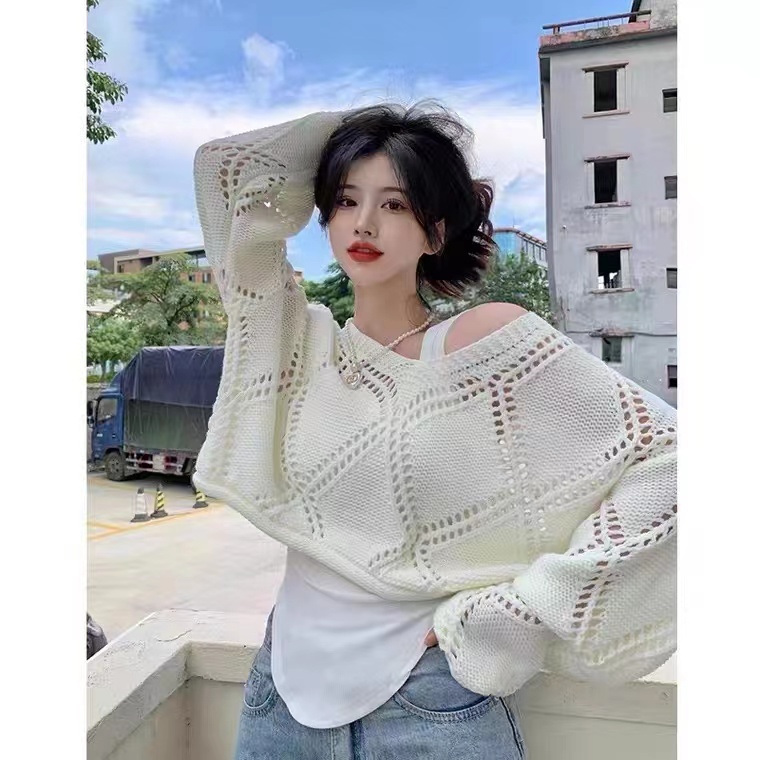 Korean style hollow rhombus V-neck long-sleeved sweater for women spring and autumn new design casual loose sweater