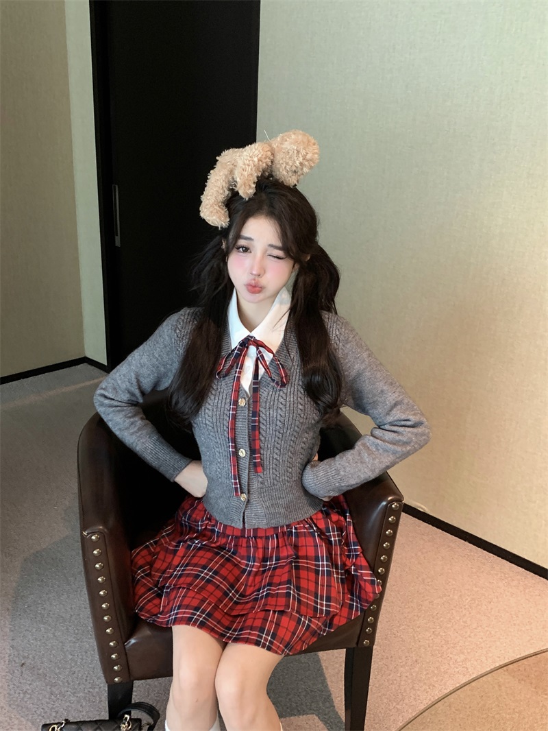 實拍元氣少女/秋裝新款日系美眉紅格紋學院風套裝+外套