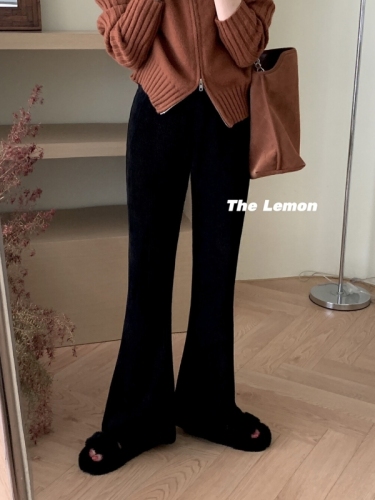 the lemon柠檬绿茶高级感微喇裤女秋装新款松紧腰显瘦阔腿喇叭裤
