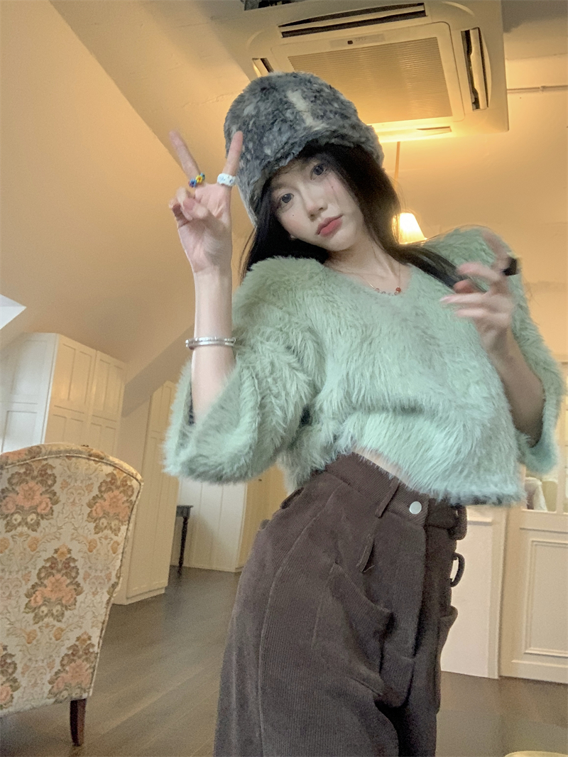 實拍  復古辣妹水貂毛v領短款毛絨絨純色百搭毛衣