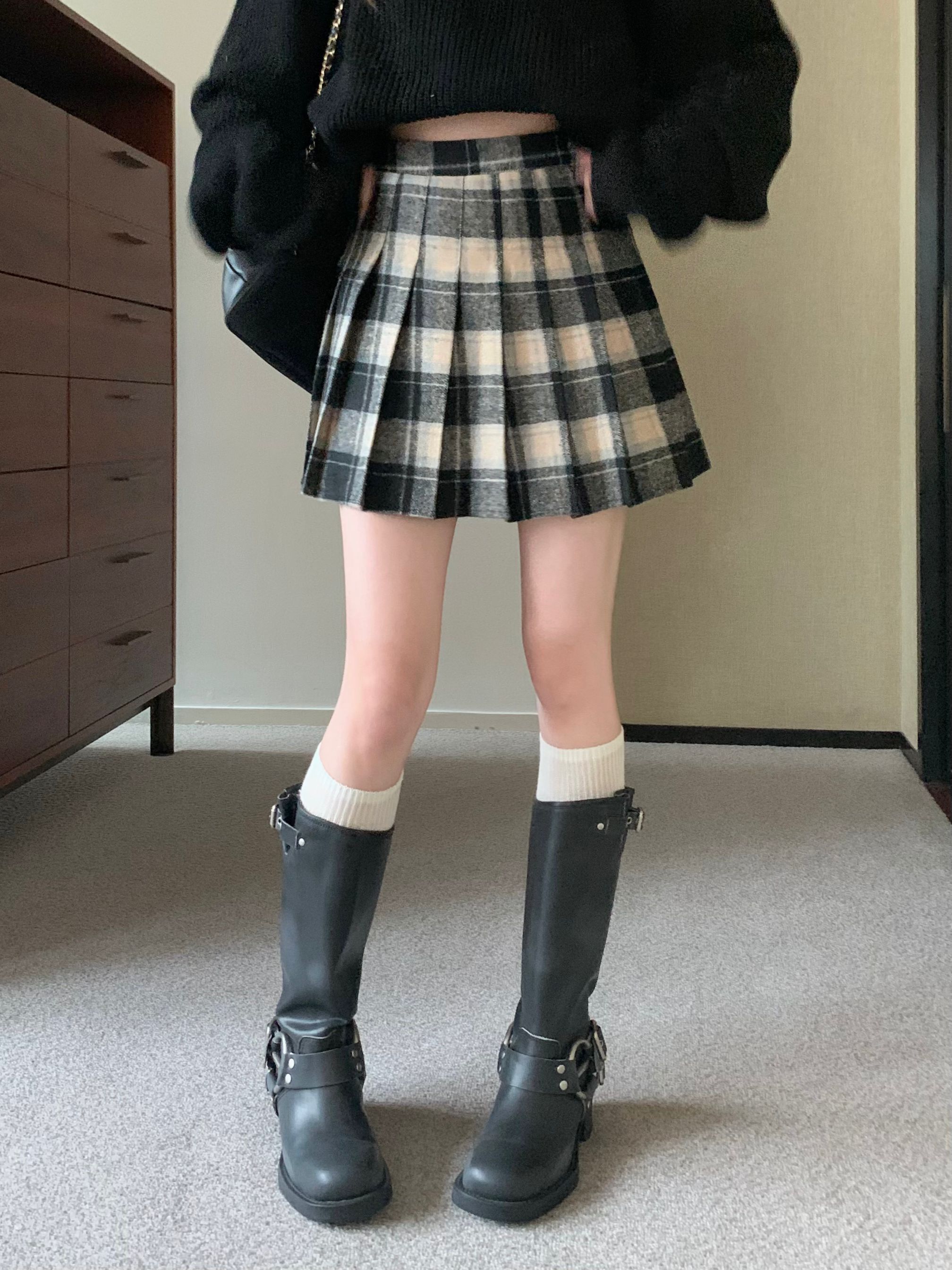 實拍~復古學院風格子半身裙設計感百褶加厚毛呢短裙/3色
