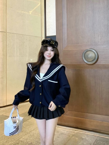 Elegant navy collar jacket, loose navy blue retro large lapel cardigan, college style sailor collar jacket