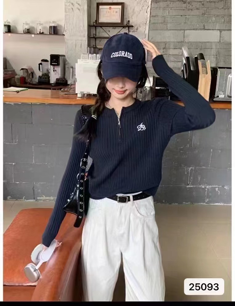 美式復古拉鏈半開領針織衫毛衣女秋冬高級感別致刺繡坑條套頭上衣