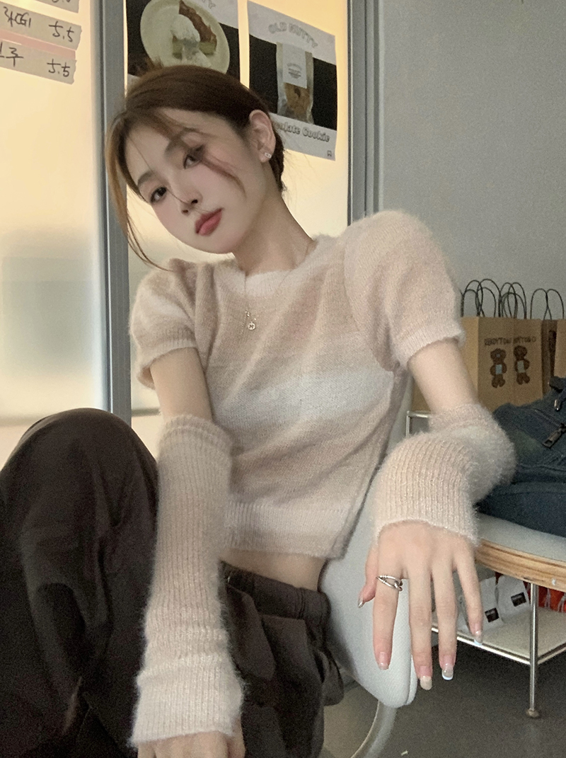 實拍 三標齊 性感甜辣少女短款暈染漸變小眾設計感袖套針織女