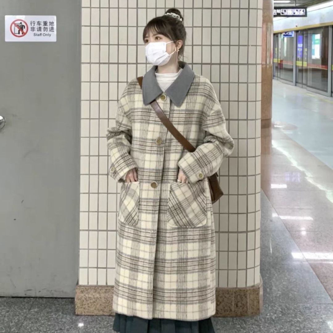 秋冬新款輕奢韓系大衣張極同款風衣拼接復古呢子長款毛呢大衣格子