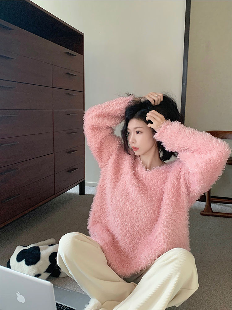 實拍 元氣少女韓chic秋冬V領羊捲毛軟糯毛衣