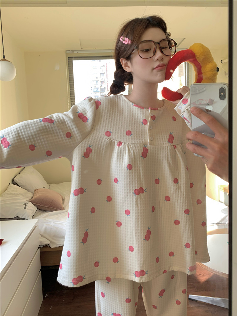 實拍韓版冬季加厚保暖華夫格夾棉寬鬆休閒學生外穿家居服套裝