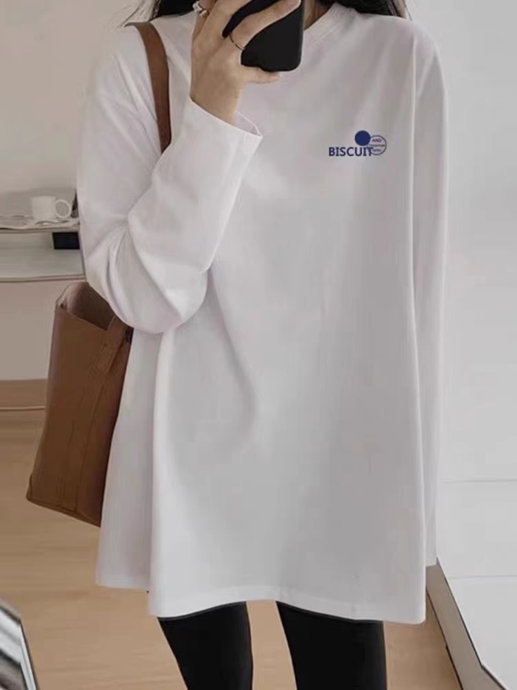 牛奶絲 純棉  個性印花長袖T恤女白色撞色簡約內搭高級感打底上衣