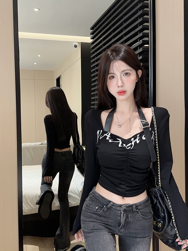 實拍！設計性感掛脖修身顯瘦短款打底印花長袖T恤上衣2289