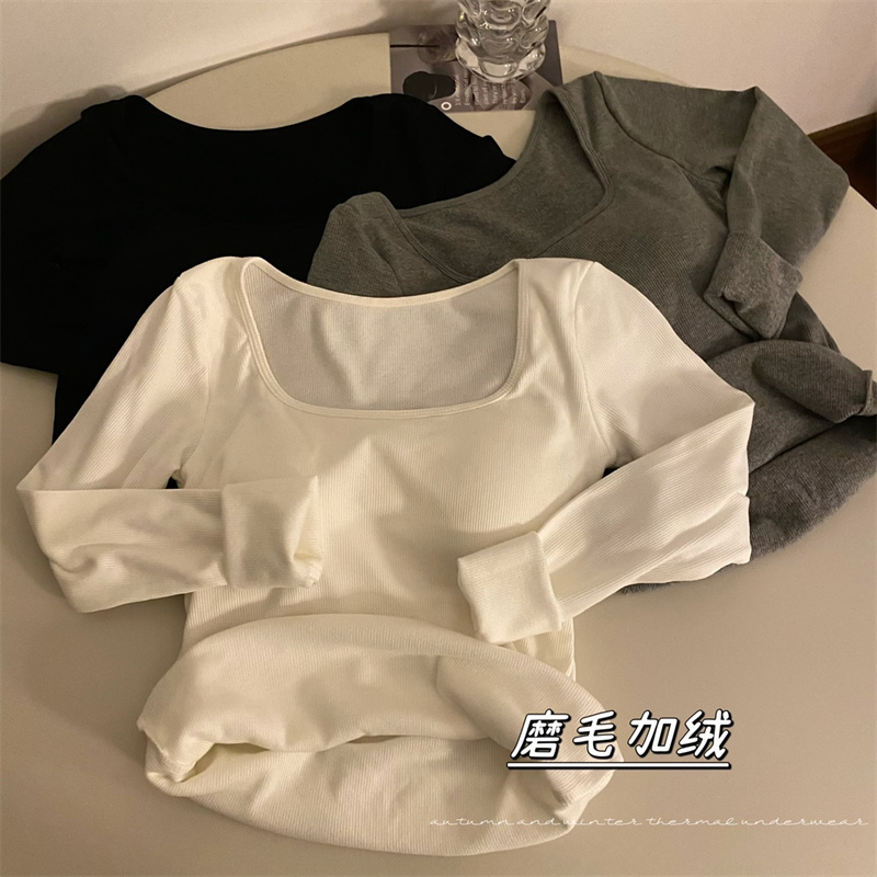 韓版白色方領長袖磨毛T恤女秋冬加絨加厚保暖修身短款打底衫上衣