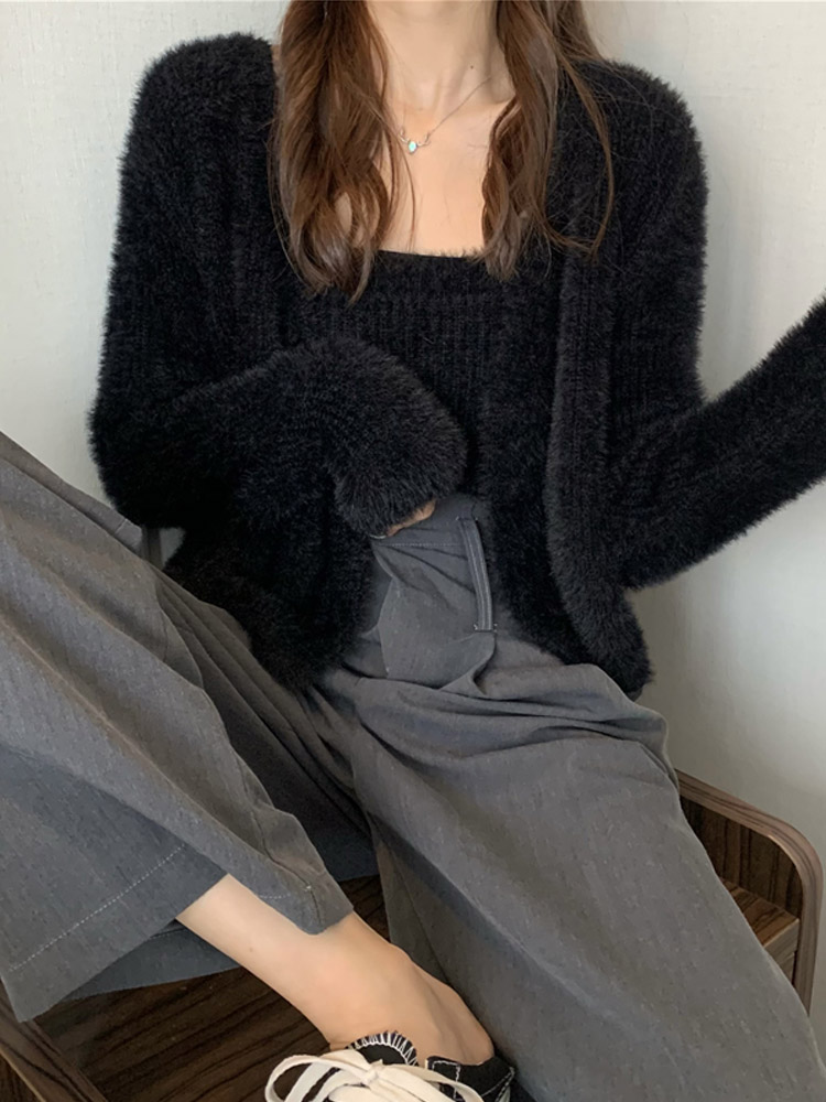 網紅毛衣女冬開衫水貂絨外套時尚洋氣小個子短款毛外衣設計感春秋