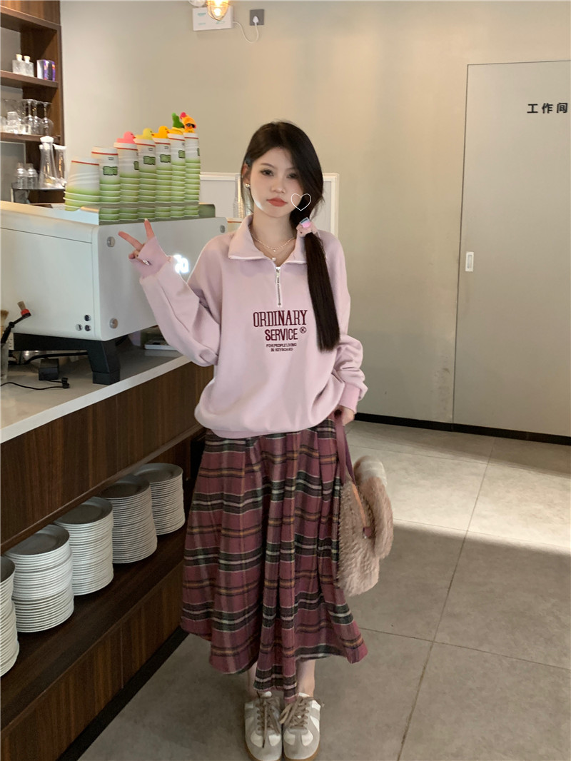 Actual shot # Letter printed half-zip pullover sweatshirt + plaid skirt