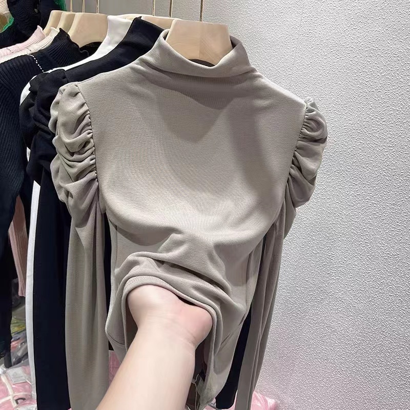 秋季半高領內搭打底衫女設計感小眾泡泡袖長袖緊身t恤別致上衣棉