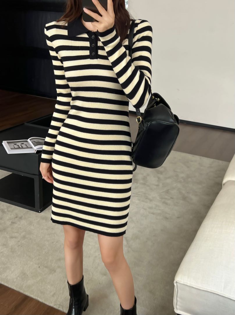 Small and age-reducing POLO collar short-sleeved knitted skirt for women with design striped dress