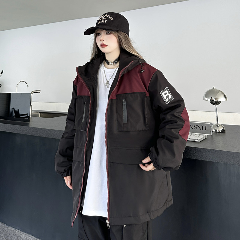 Real shot#Cotton coat women's 2023 new style stitching contrasting color hooded loose thickened cold-proof jacket cotton jacket trend