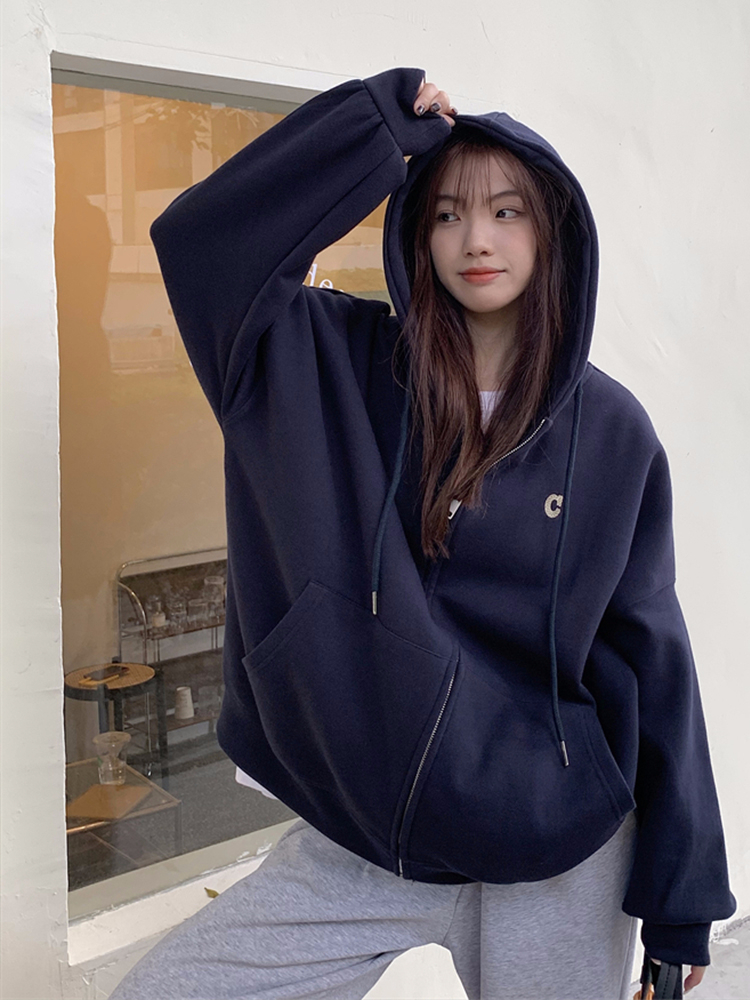 Official photo Big Fish Scale Embroidered Letters Autumn Cardigan Hooded Sweatshirt Women's Zipper Jacket