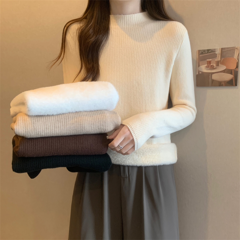 實拍 冬季韓版一體絨加厚加絨半高領針織衫打底毛衣女