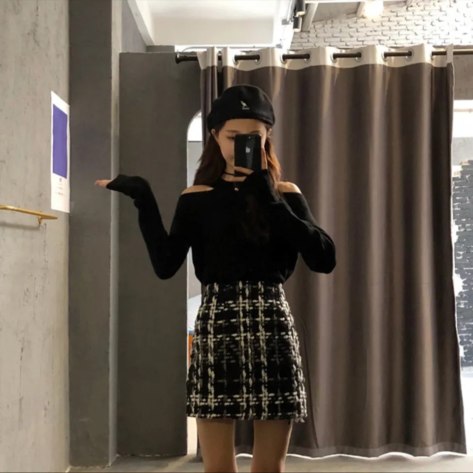 Longfengni + ammonia velvet top, sexy fashion suit, small fragrant style skirt, off-shoulder two-piece set