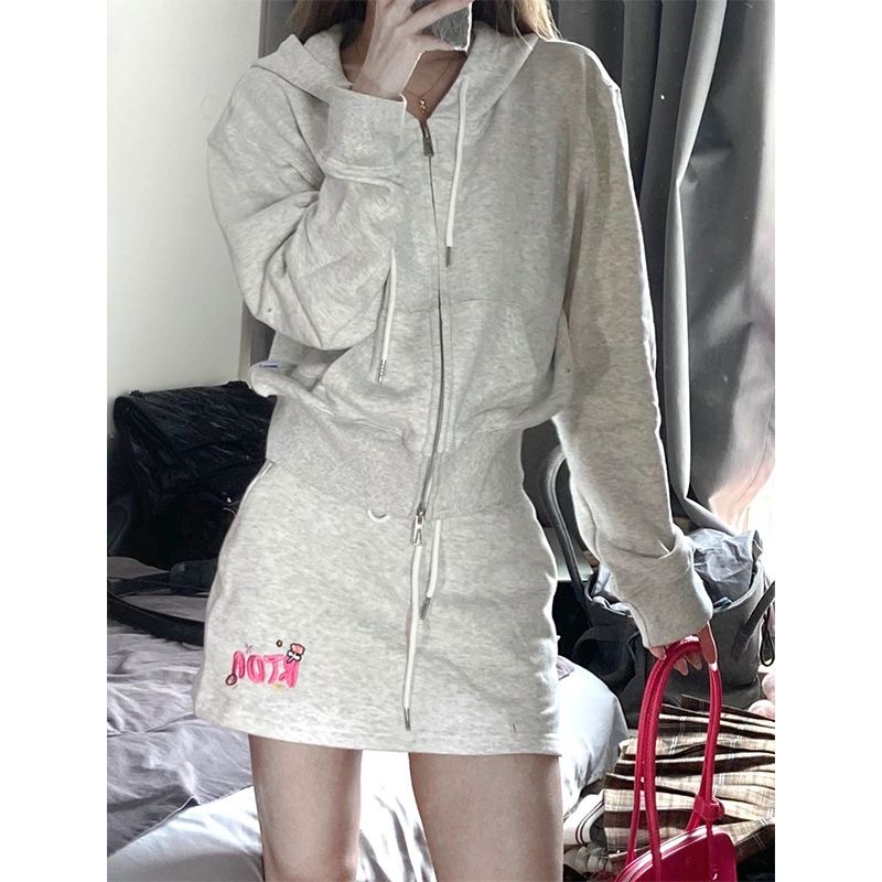 cvc cotton composite milk silk American hottie double zipper short sweatshirt hip skirt suit for women