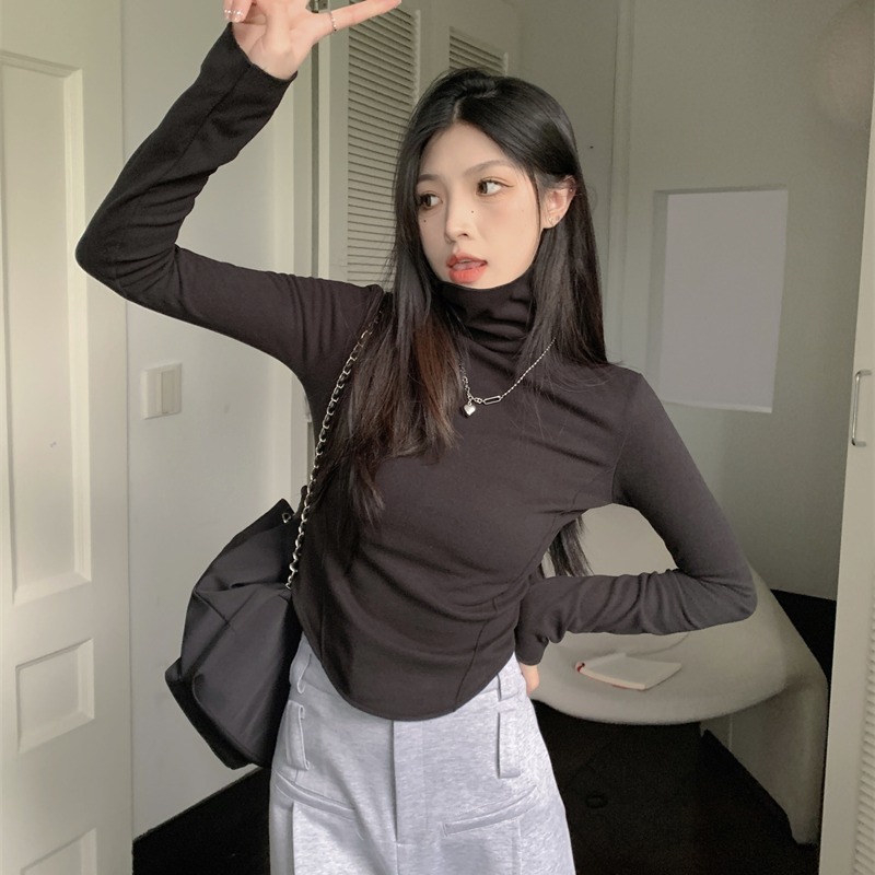 堆堆高領打底衫女春秋不規則白色長袖T恤秋冬內搭緊身莫代爾上衣