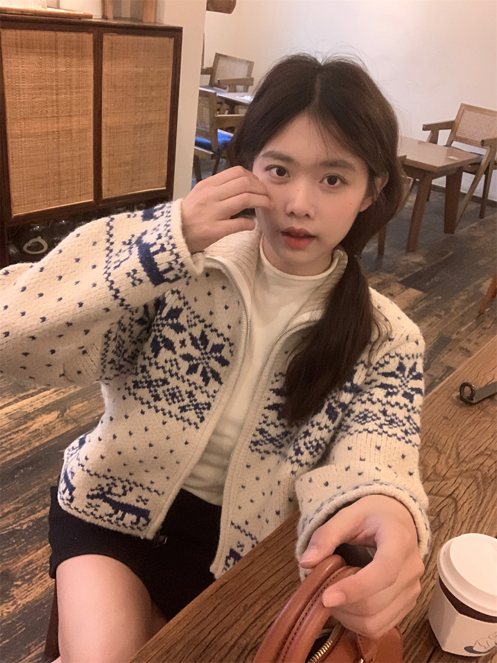 實拍古着重工立領拉鏈針織開衫雪花毛衣外套女