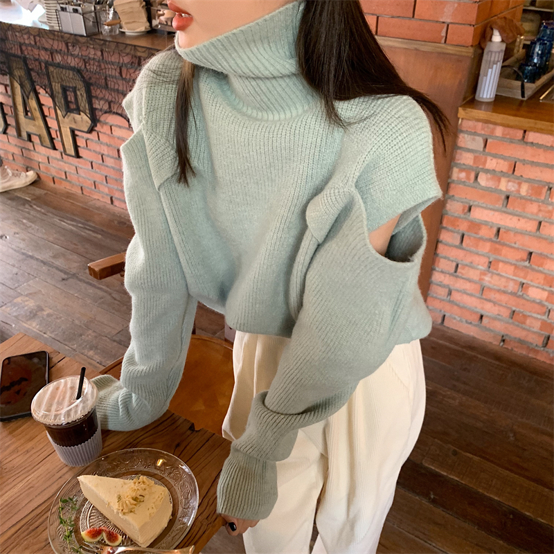 Long-sleeved knitwear for women, autumn and winter outer wear, hollow turtleneck sweater, unique design, niche tops