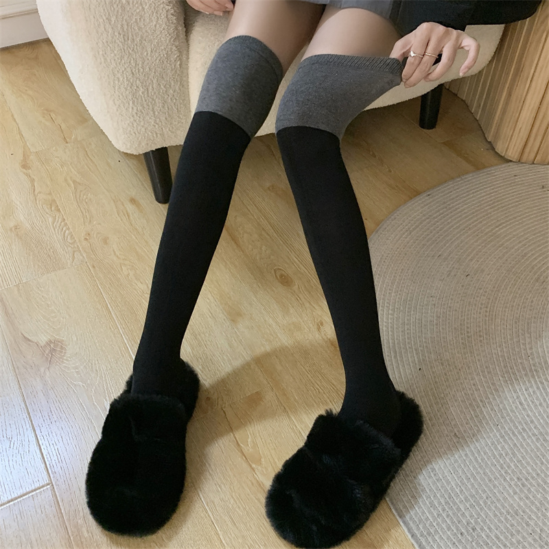 實拍 過膝襪女秋冬拼色中筒襪子黑灰拼接長筒大腿高筒小腿襪