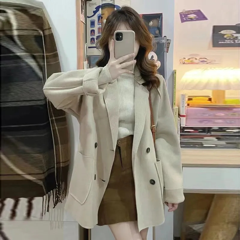 High-end double-sided fleece coat 2023 spring new loose Korean style woolen lapel coat for women