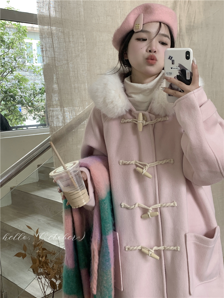 實拍~牛角扣毛呢外套女冬高級感中長款韓劇女主限定呢子大衣