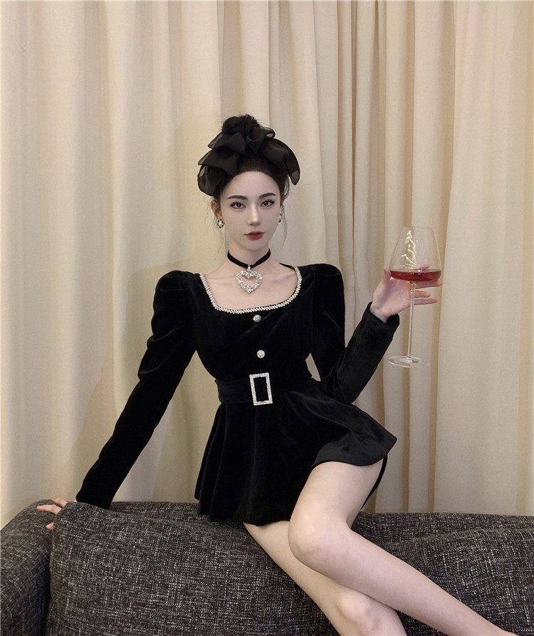 Actual shot of French studded diamond square neck waist-cinching ruffle skirt top + high-waisted shorts