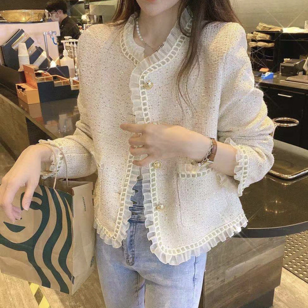 秋冬復古網紗拼接粗花呢上衣名媛小香風氣質短款外套M-4XL200斤