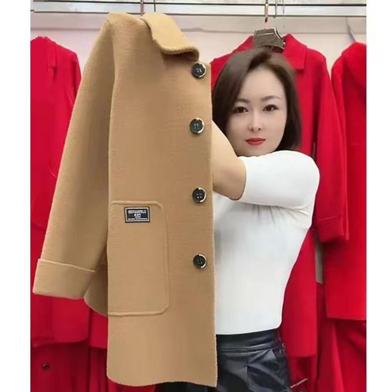 春秋新款仿外套女中老年寬鬆大碼媽媽裝高檔百搭毛呢大衣女