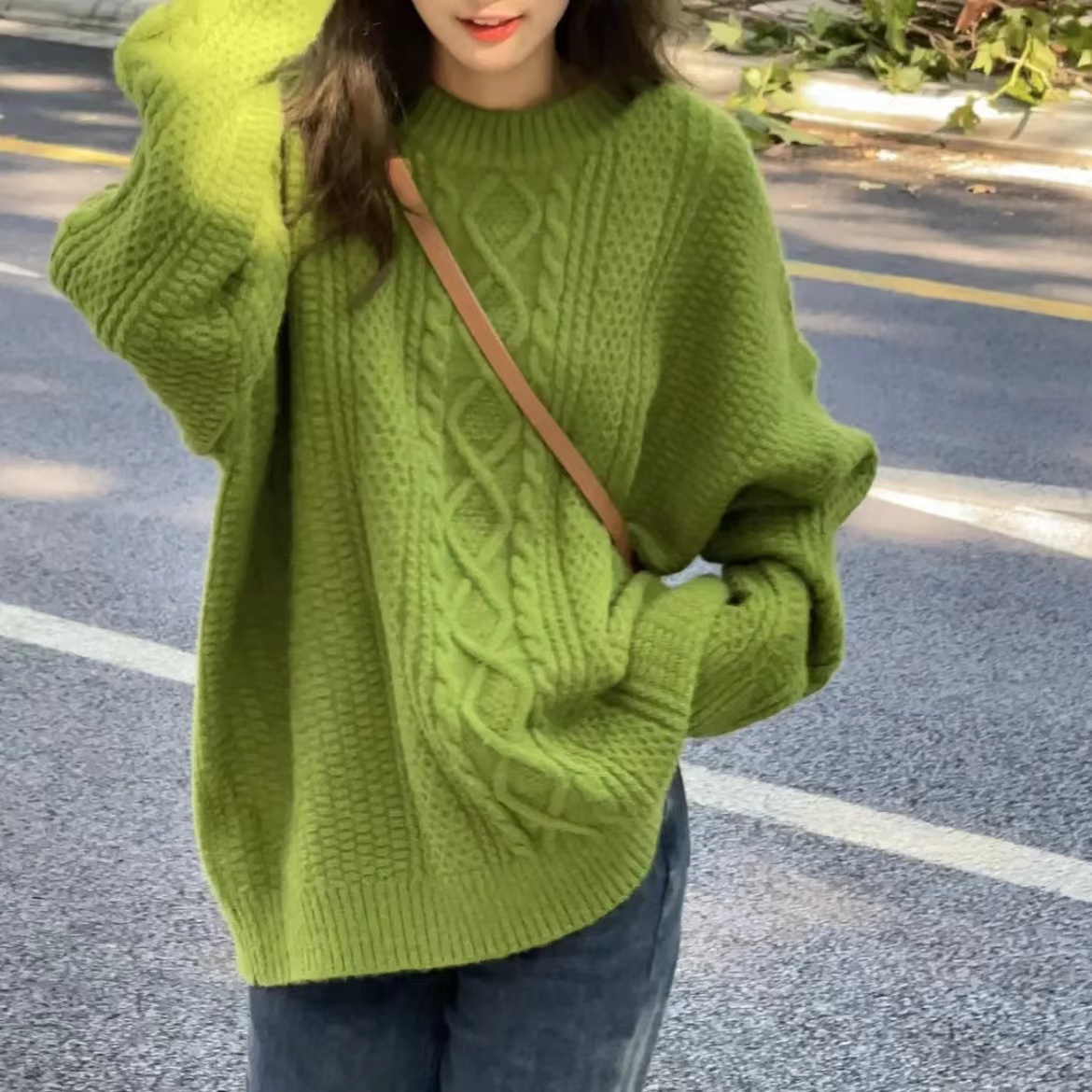 秋冬大碼新款綠色毛衣女韓系慵懶風復古高級感甜美麻花針織上