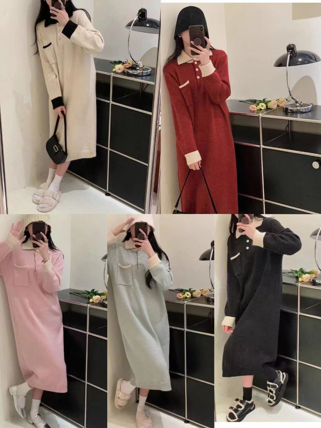 Lazy style loose knitted dress with coat for women autumn and winter thickened lapel sweater skirt over the knee long skirt