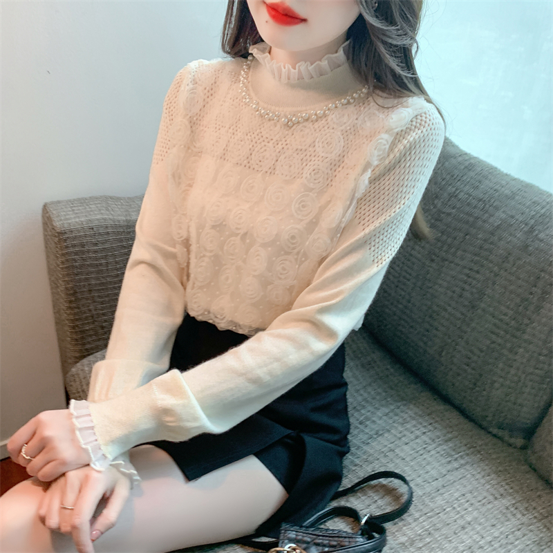 實拍2023甜美立體花朵長袖女冬季新款修身顯瘦半高領針織上衣
