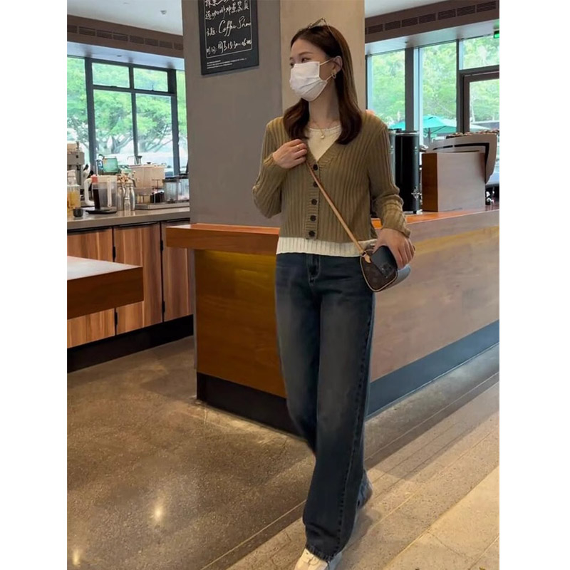 針織款早秋新款洋氣假兩件針織毛衣女時尚減齡撞色拼接長袖上衣