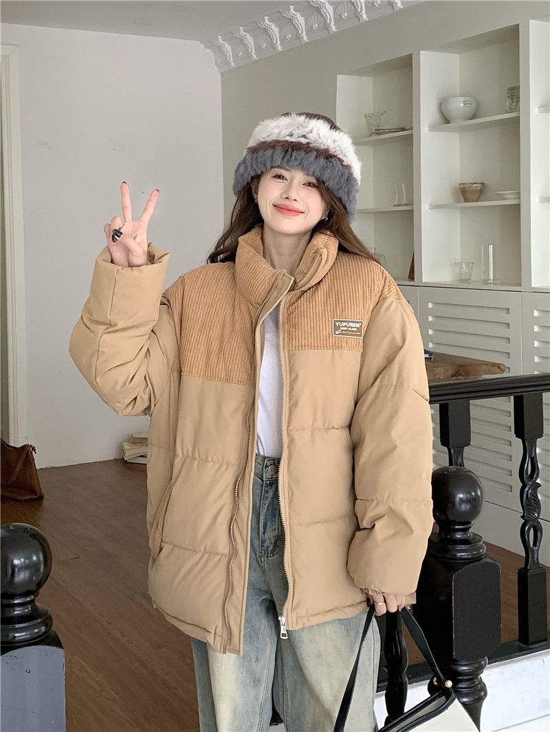 Actual shot of 2023 new corduroy spliced ​​cotton-padded jackets for couples, bread coats, cotton-padded jackets for women