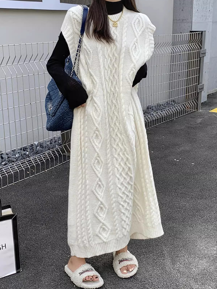歐貨長款針織馬甲背心裙慵懶風韓版春季百搭女寬鬆麻花長毛衣馬甲