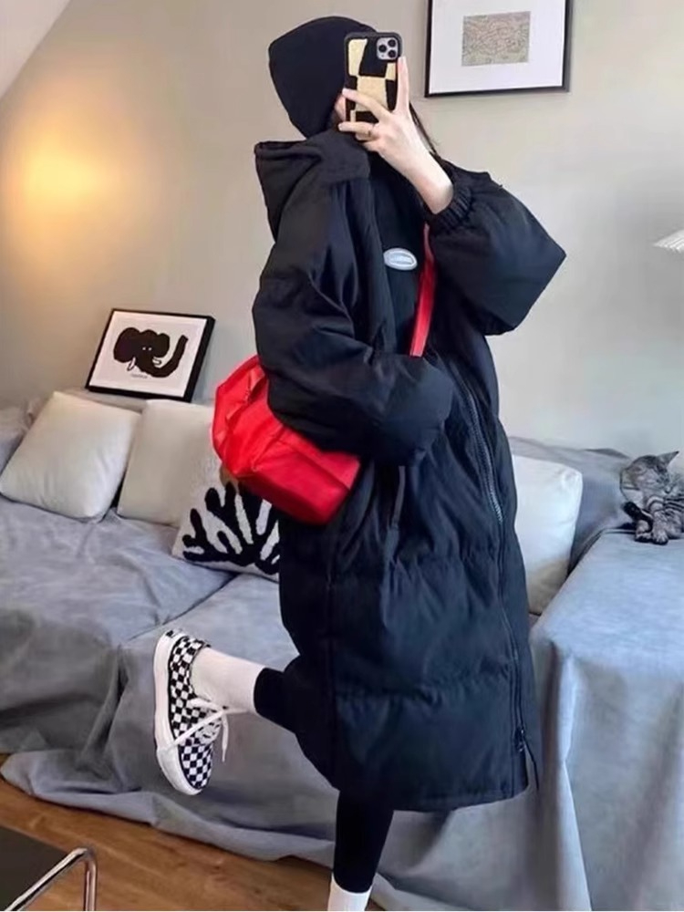 Black cotton-padded jacket for women mid-length over the knee 2023 new winter Korean style cotton-padded jacket loose hooded thickened down cotton-padded jacket