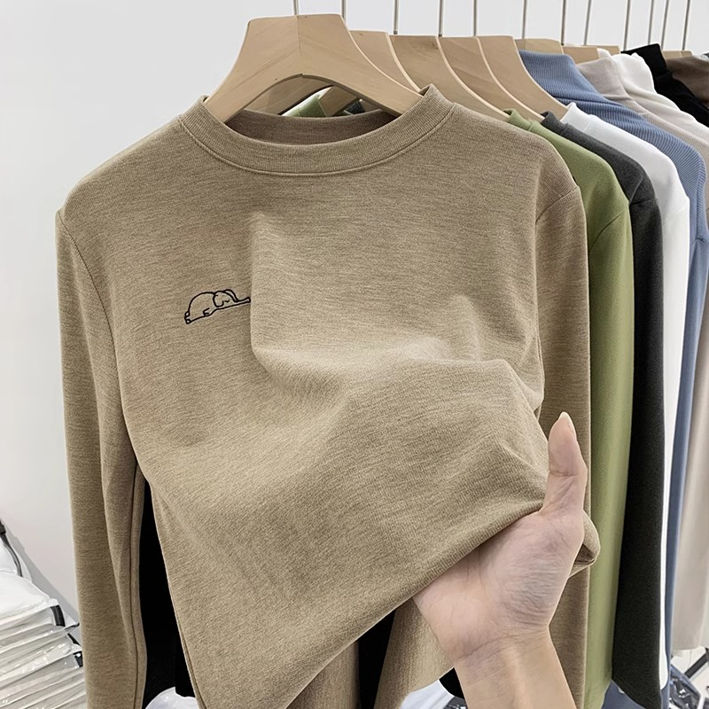 German velvet bottoming shirt for women 2023 new winter style style inner round neck top plus velvet thickened brushed long-sleeved T-shirt d