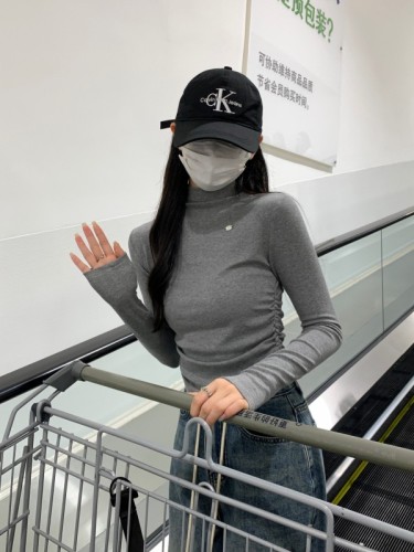 Photographed Autumn/Winter Korean Style Versatile Fitted Half-Neck Pleated Design Pure Cotton Base Layer T-Shirt for Women