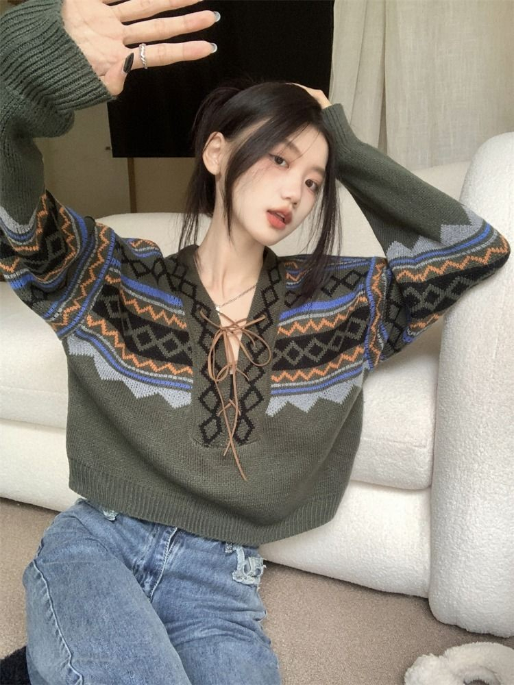 Autumn and winter new retro ethnic style sweater crocheted V-neck color-blocked drawstring tie loose long-sleeved sweater
