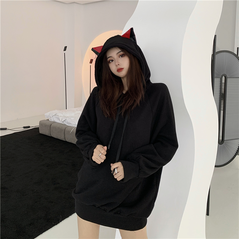 網紅ins秋冬季加絨加厚衛衣女寬鬆韓版百搭學生貓耳朵連帽外套潮