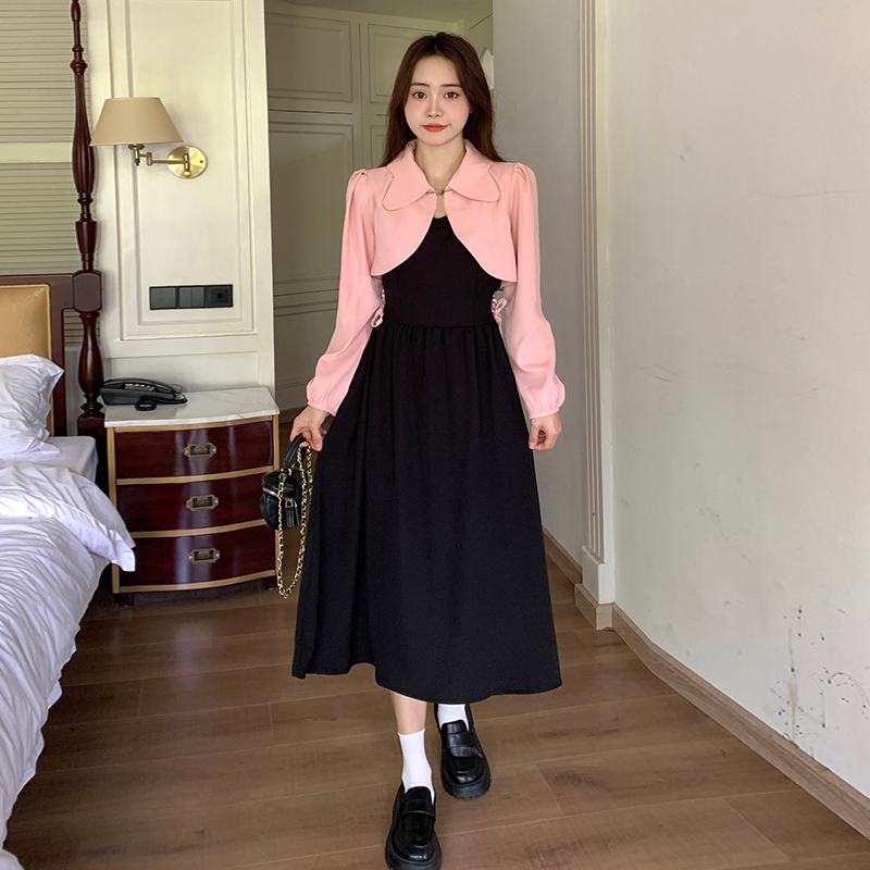 實拍兩件套 大碼法式連衣裙女顯瘦氣質粉色上衣外套+綁帶長裙